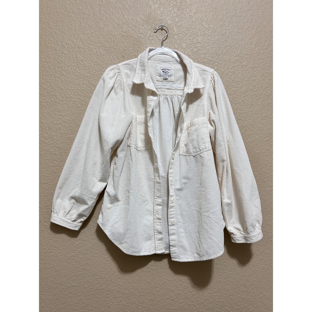 American Eagle Size M Corduroy Button Down Shirt Cream Puff Shoulder Shacket